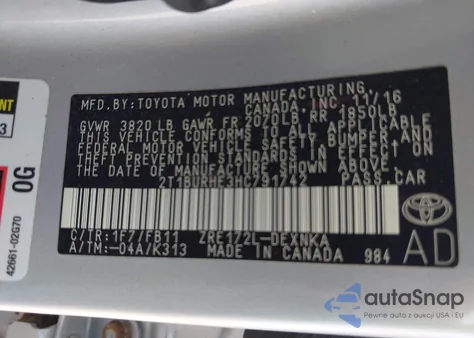 2017 Toyota Corolla Le z USA, uszkodzony, nr VIN 2T1BURHE3HC791742